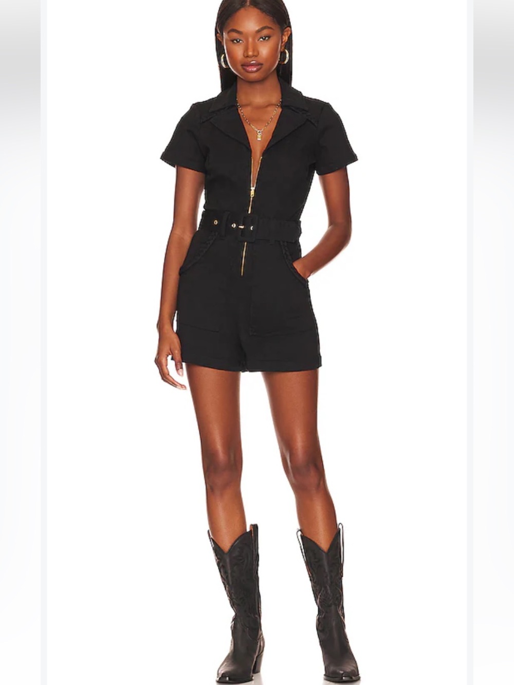 Show Me Your Mumu Outlaw Shorts Romper Pitch Black Belt Braided Details Size XS